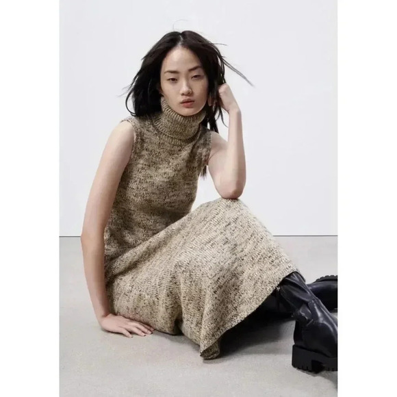 Zara Womens Bloggers Favorite High Collar Knitted Dress Brown Sz Small to Medium - Picture 14 of 16
